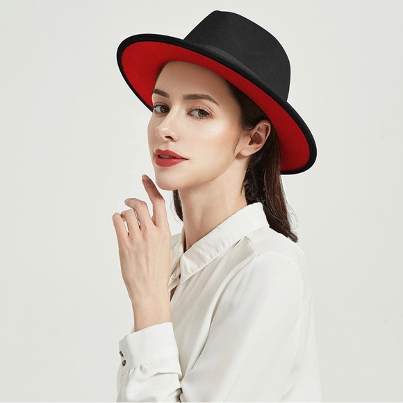 BRAND NEW TRENDY UNISEX WIDE BRIM FEDORA WITH RED UNDERBILL NWT - Picture 7 of 7